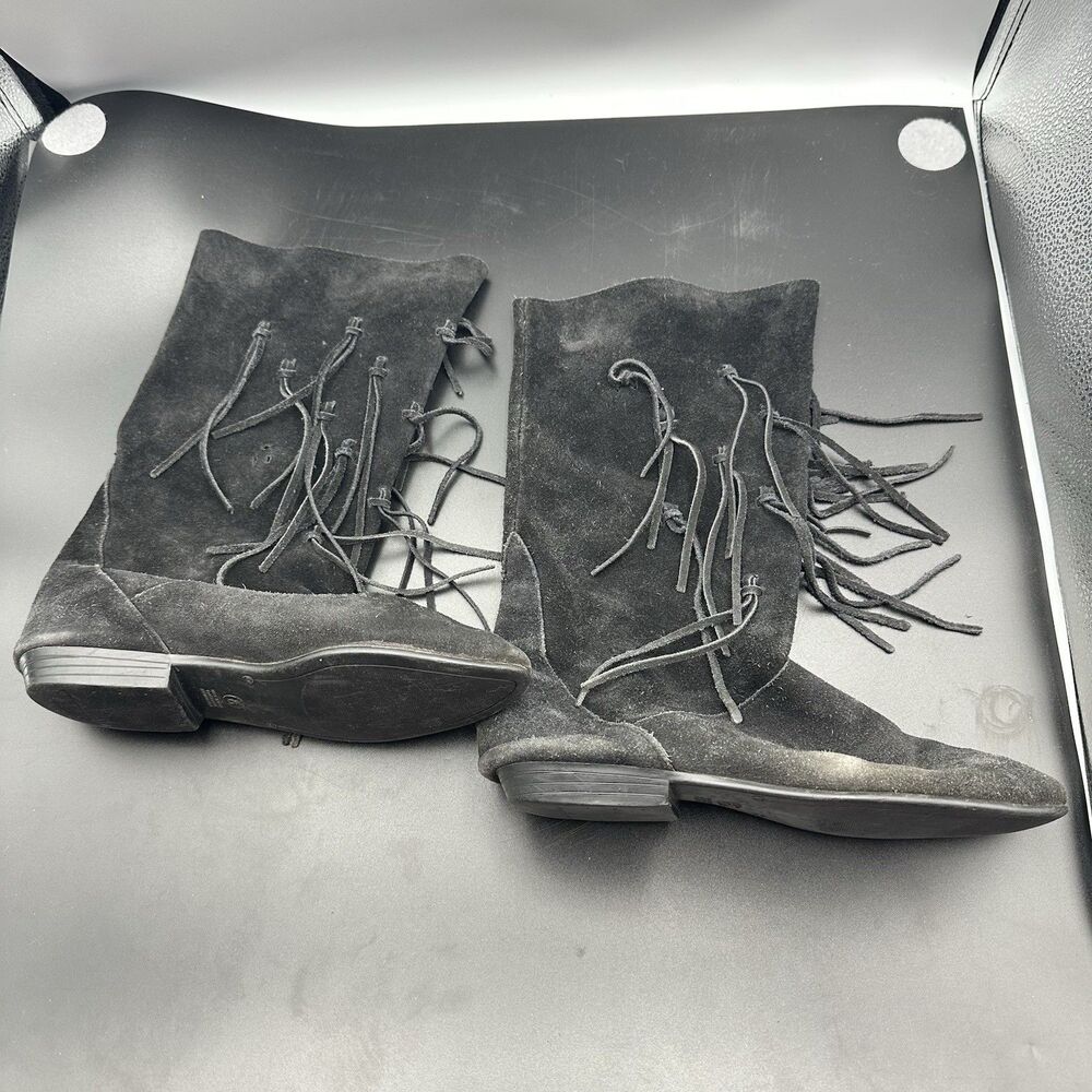 Vintage 80s Black Suede Fringe Boots Womens 8 Rock Concert Boho Native America